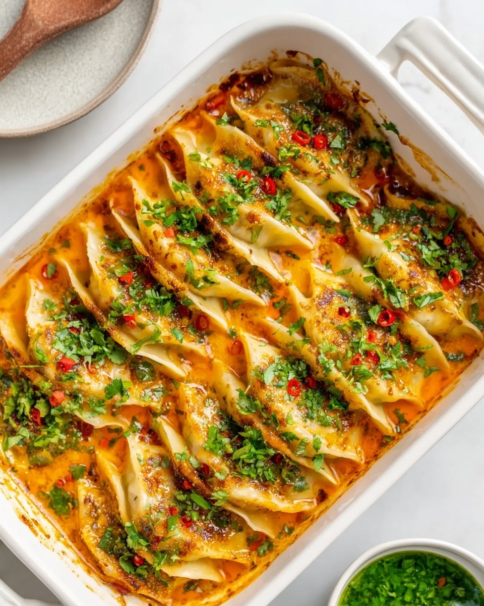 A white rectangular dish filled with golden-brown cooked dumplings arranged neatly in a single layer. Each dumpling shows a crisp, slightly browned edge with a soft, smooth top. The dumplings sit in a light orange sauce, which covers the bottom of the dish and pools slightly between the dumplings. Bright green chopped herbs are sprinkled all over the dumplings, adding a fresh contrast. The dish is placed on a white marbled surface, and there is a woman's hand holding a silver fork near the top left corner, ready to pick up a dumpling. Photo taken with an iphone --ar 4:5 --v 7