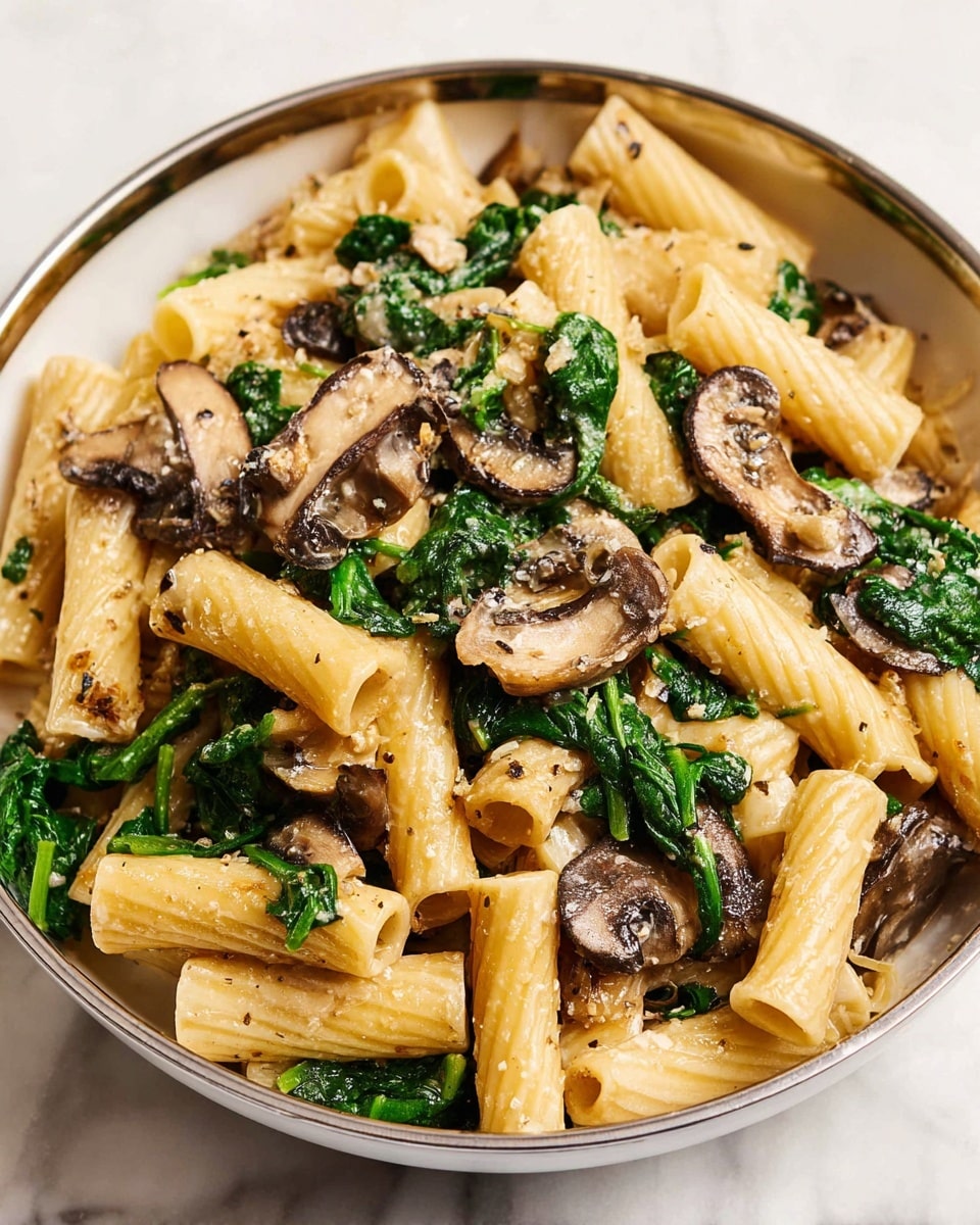 The image shows a bowl filled with rigatoni pasta mixed with sautéed spinach and sliced mushrooms. The pasta is light golden-yellow with a creamy texture. Dark green spinach leaves are mixed throughout, adding color contrast and freshness. Brown, slightly glossy mushroom slices are scattered evenly among the pasta and spinach. The bowl is white and placed on a white marbled surface. The overall look is warm and creamy with a mix of smooth and leafy textures. photo taken with an iphone --ar 4:5 --v 7