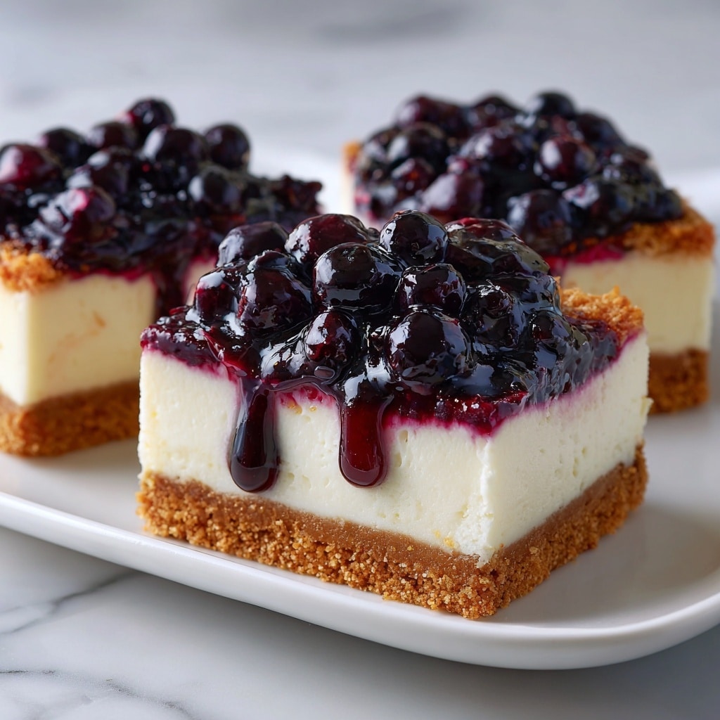The image shows blueberry cheesecake bars with three clear layers. The bottom layer is a thin, crumbly, light brown crust. The middle layer is thick, smooth, and creamy white cheesecake. The top layer is a glossy mix of whole blueberries and thick blueberry sauce, dark purple in color, with the sauce slightly dripping down the sides. The bars are served on a white plate, placed on a white marbled surface. Photo taken with an iphone --ar 4:5 --v 7