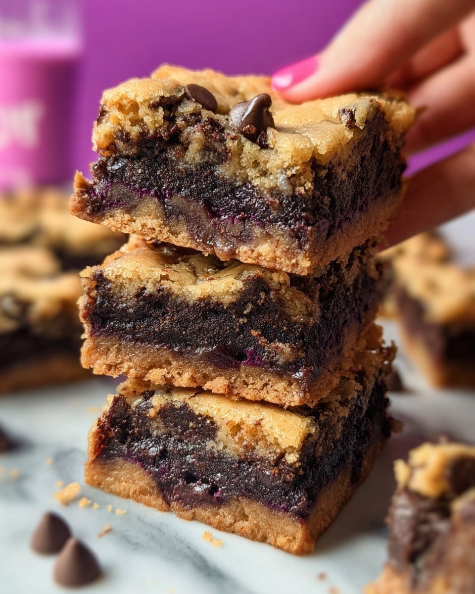 A close-up view of three stacked blondie bars held by a woman's hand, each bar showing three layers: the top and bottom layers are golden brown with a soft, slightly crumbly texture and scattered shiny dark brown chocolate chips, while the middle layer is thick, rich, and dark chocolate with a moist, fudgy look. The background features more blondie bars on a surface with a white marbled texture, creating a bright and clean setting. The image highlights the contrast between the light golden dough and the deep dark chocolate filling. photo taken with an iphone --ar 4:5 --v 7
