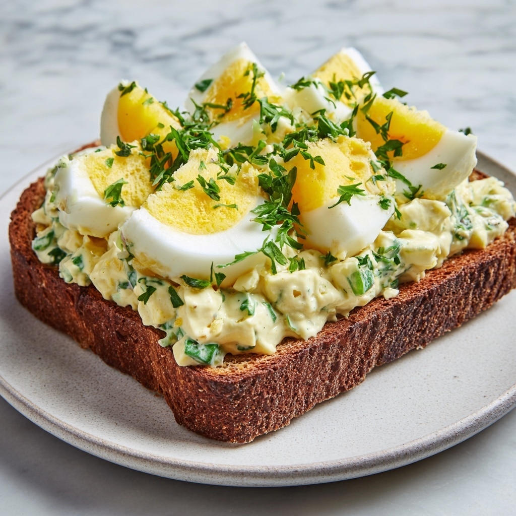 The image shows a single thick slice of brown bread topped with a creamy egg salad. The egg salad is pale yellow with visible chopped green herbs mixed throughout, giving it a fresh look. On top of the egg salad are several quartered hard-boiled eggs, their smooth white edges and bright yellow yolks clearly visible. Freshly chopped green herbs are sprinkled on top, adding a pop of color. The toast sits on a simple white plate with a subtle texture, and the background is a white marbled surface. photo taken with an iphone --ar 4:5 --v 7