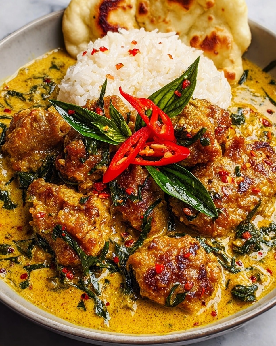 The dish is served in a white bowl on a white marbled surface, featuring a richly colored curry with a golden-yellow sauce full of herbs and spices. The curry has several pieces of crispy golden-brown chicken coated in the thick sauce scattered across the bowl. Fresh green leaves and thin slices of bright red chili peppers rest on top, adding color and texture contrast. Alongside the curry, a mound of fluffy white rice is partially visible, topped with pieces of warm, slightly browned naan bread. The vibrant colors and textures make the dish look hearty and inviting. photo taken with an iphone --ar 4:5 --v 7