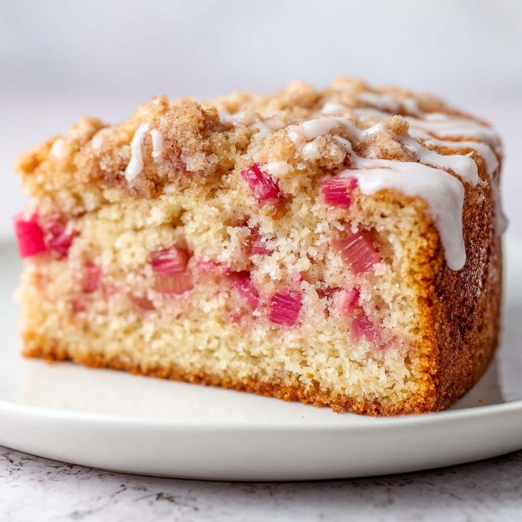 A close-up image of a single thick slice of sour cream rhubarb coffee cake placed on a white plate against a white marbled surface. The cake has a golden-brown crust with a crumbly texture on the outside and a soft, yellowish interior. Inside, there are several visible pieces of bright pink rhubarb scattered evenly within the cake. The top layer is lightly sprinkled with cinnamon or crumb topping, matching the golden crumb, with small bits of rhubarb peeking through. The whole slice looks moist with a slightly rough texture on the top and sides. Photo taken with an iphone --ar 4:5 --v 7