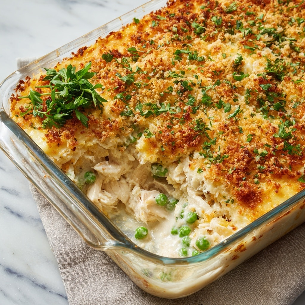 The dish is a baked casserole in a clear glass rectangular dish, showing three main layers. The top layer is golden brown with a crispy texture, sprinkled with finely chopped green herbs and breadcrumbs giving a crunchy look. Below the top, there is a creamy, light beige layer visible where a corner is scooped out, revealing a thick sauce with a smooth, rich texture. At the bottom, chunks of white chicken and bright green peas are mixed together, adding contrast with their soft and tender appearance. A small bunch of fresh herbs is placed at the top left corner inside the dish. The casserole sits on a white marbled surface with a corner of a cloth napkin visible at the lower left side. photo taken with an iphone --ar 4:5 --v 7