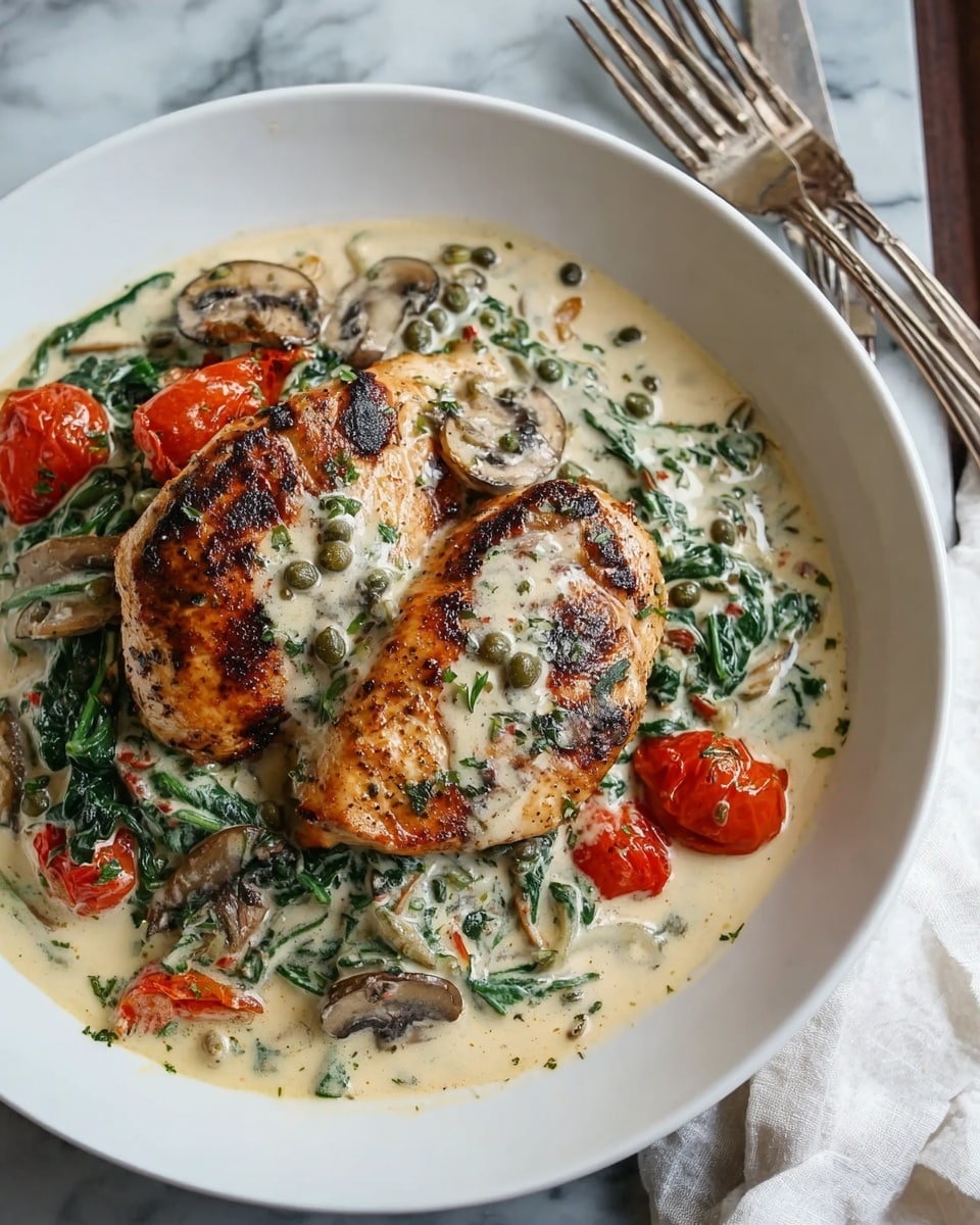 A dish with two thick, golden-brown grilled chicken breasts placed on top of a creamy sauce with sautéed spinach and mushrooms. The creamy sauce is light beige with green herbs and small dark green capers scattered throughout. Bright red roasted cherry tomatoes add color, some nestled in the sauce around the chicken. The sauce spreads across the white bowl's bottom and edges, contrasting with the chicken's char marks. The plate rests on a white marbled surface, next to a vintage silver fork and knife on a white cloth. Photo taken with an iphone --ar 4:5 --v 7