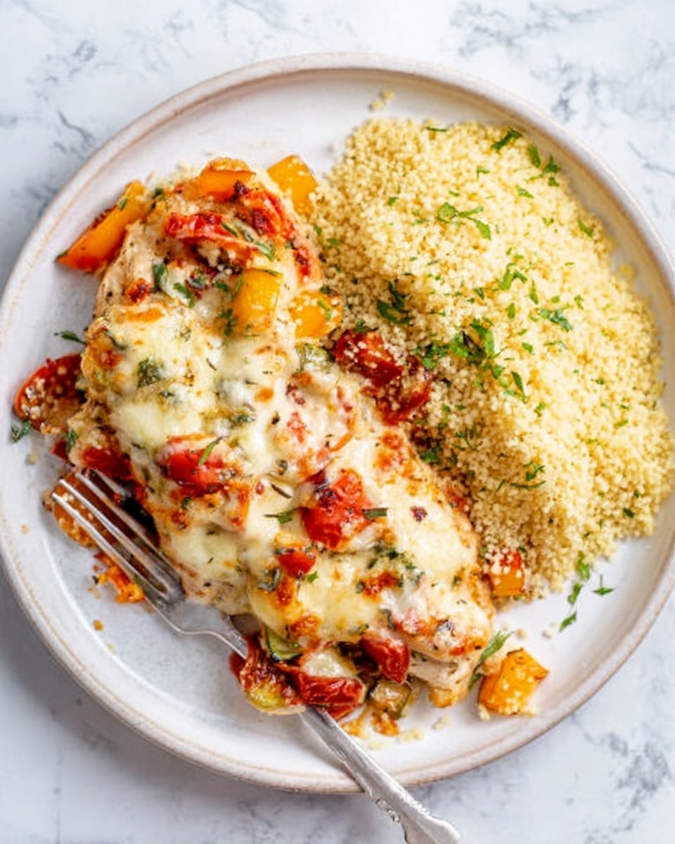 The dish is served on a white plate with a white marbled background. It has two main parts: on the left, there is a layered piece of baked chicken covered with melted cheese, small pieces of red and orange vegetables, and some herbs on top. The cheese looks soft and slightly browned. On the right side of the plate, there is a pile of light yellow couscous sprinkled with small green herbs. A silver fork rests on the left side of the plate, partly touching the chicken. Photo taken with an iphone --ar 4:5 --v 7