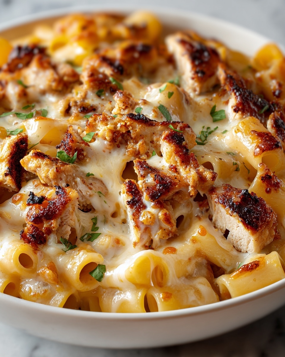 A close-up view of a baked pasta dish in a white bowl, featuring a layer of golden brown grilled chicken pieces on top, with a slightly charred texture and glossy surface. Underneath the chicken, there is a rich layer of melted cheese with a bubbly and creamy texture, partially covering the pasta that appears soft and coated in a light cheese sauce. The dish is sprinkled with small bits of chopped green herbs, adding a fresh contrast to the warm colors. The background is a white marbled surface. Photo taken with an iphone --ar 4:5 --v 7
