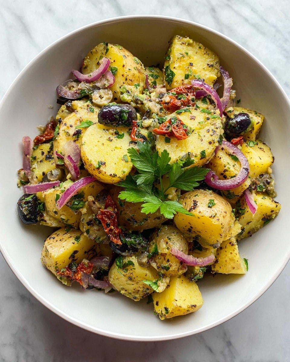 A white bowl holds a mixed potato salad featuring roughly eight to ten thick chunks of yellow potatoes as the main layer, coated with a speckled seasoning. Mixed throughout are sliced black olives, thin slices of red onion, small capers, and pieces of sun-dried tomato, all giving a varied texture and color to the dish. Fresh green parsley leaves are scattered on top, adding a pop of bright green. The salad has a slight shiny, oily glaze that binds all ingredients together. The bowl sits on a white marbled surface. photo taken with an iphone --ar 4:5 --v 7