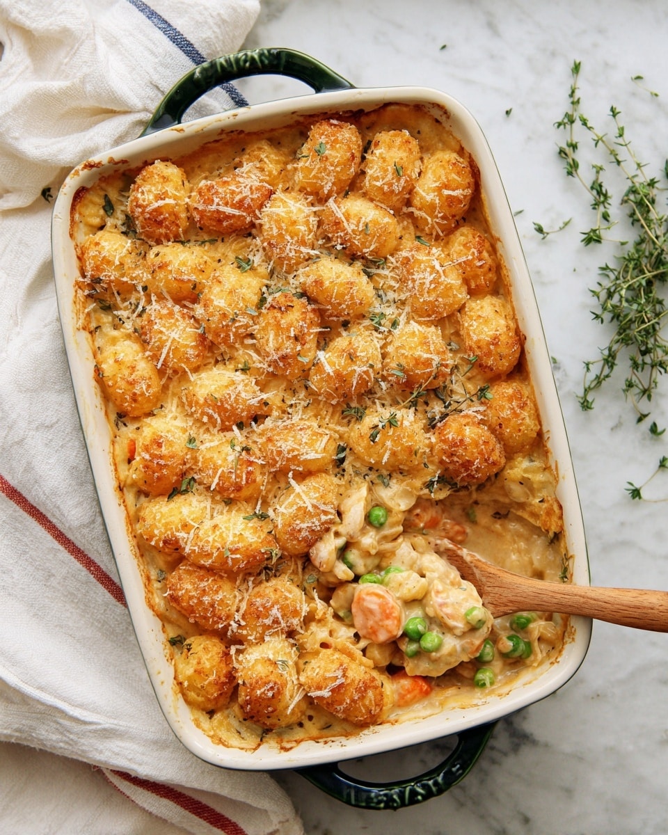 A creamy casserole served in a white rectangular dish with dark green handles, topped with golden-brown, round crispy potato puffs scattered across the surface, dusted with a light layer of grated cheese. Underneath the crispy topping, visible with a wooden spoon scooping out a portion, is a creamy mix of diced carrots, green peas, and chunks of chicken in a rich, smooth sauce. The dish is placed on a white marbled surface with some green herb sprigs to the side and a soft white cloth with red and blue stripes partially visible. photo taken with an iphone --ar 4:5 --v 7