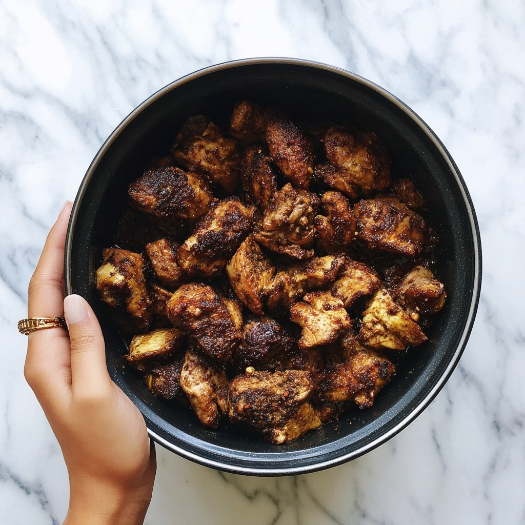 A large black pot filled with cooked dark brown chicken pieces that have a rough texture with visible seasoning and crispy edges. The chicken pieces fill the pot fully and are piled evenly inside. The pot is held by woman's hand on both sides, with the pot placed against a white marbled textured kitchen background. Photo taken with an iphone --ar 4:5 --v 7