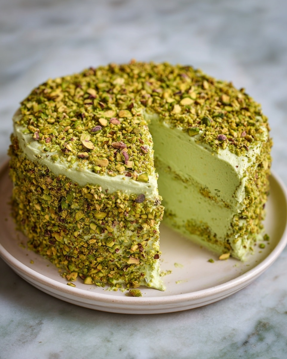A round cake covered fully with green frosting, which has a smooth but textured finish, is topped and coated all around with crushed pistachio nuts. The cake sits on a white plate, and the pistachio pieces create a crunchy-looking layer that contrasts with the creamy green frosting. The photo is taken close up, showing the detailed texture of the frosting and nuts on a white marbled surface. photo taken with an iphone --ar 4:5 --v 7