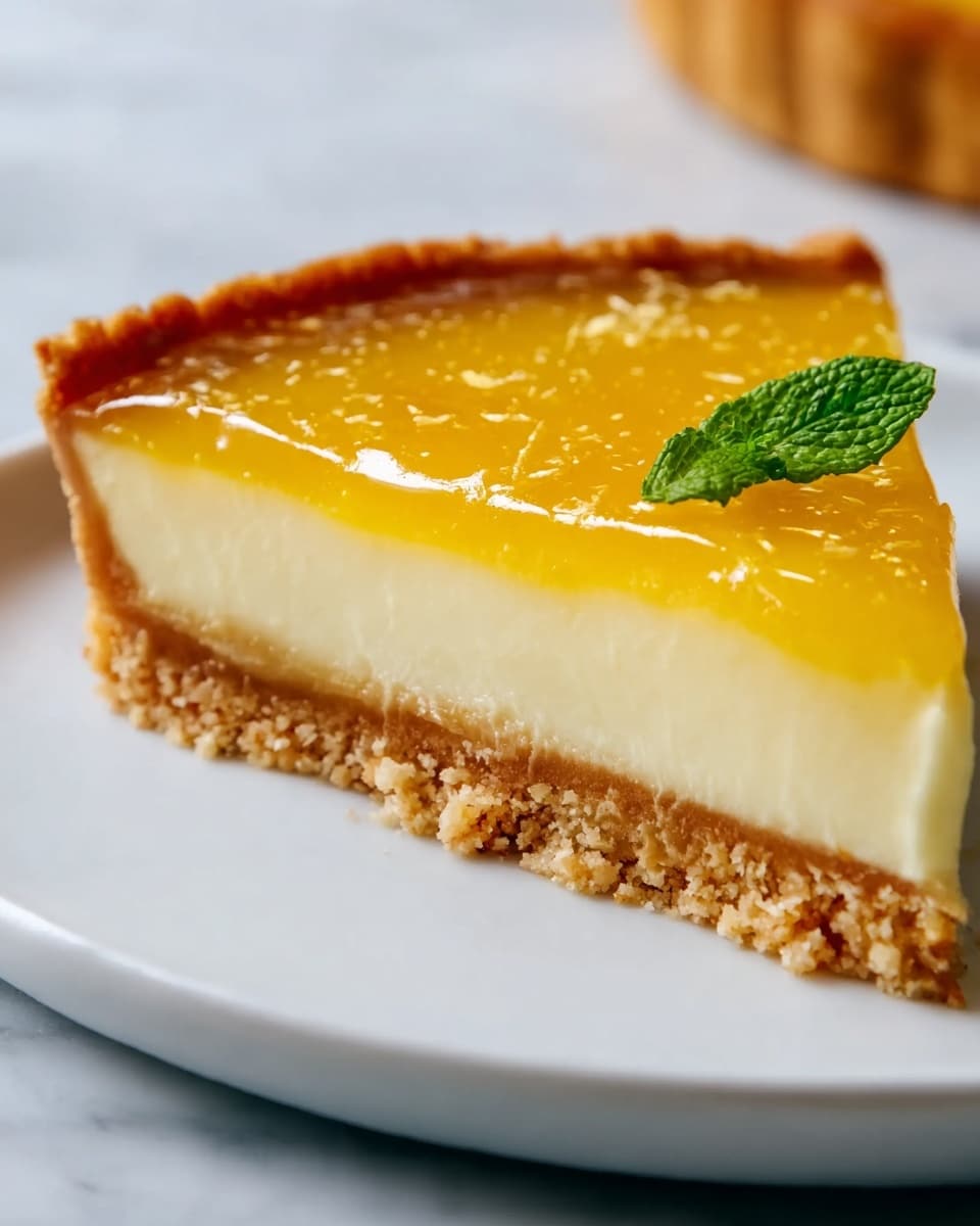 A close-up of a three-layer lemon tart slice on a white plate with speckles, set against a white marbled texture. The bottom layer is a golden brown crumbly crust with a rough texture, followed by a thick, creamy off-white middle layer. The top layer is translucent bright yellow lemon jelly, smooth and glossy, decorated with powdered sugar, lemon zest, and a small fresh green mint leaf on top. Photo taken with an iphone --ar 4:5 --v 7