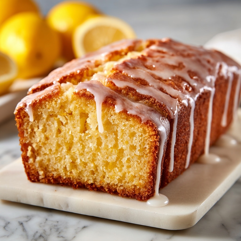 The image shows a sliced lemon drizzle cake placed on a white parchment paper over a white marbled surface. The cake has three visible layers: a light golden brown crust on the top and bottom, and a soft, moist yellow cake layer in the middle. The top layer is covered with a glossy lemon drizzle icing that looks slightly translucent with small bits of lemon zest scattered over it, giving it a shiny and textured finish. Two lemon slices are placed in the background, adding a fresh and bright touch to the composition. Photo taken with an iphone --ar 4:5 --v 7