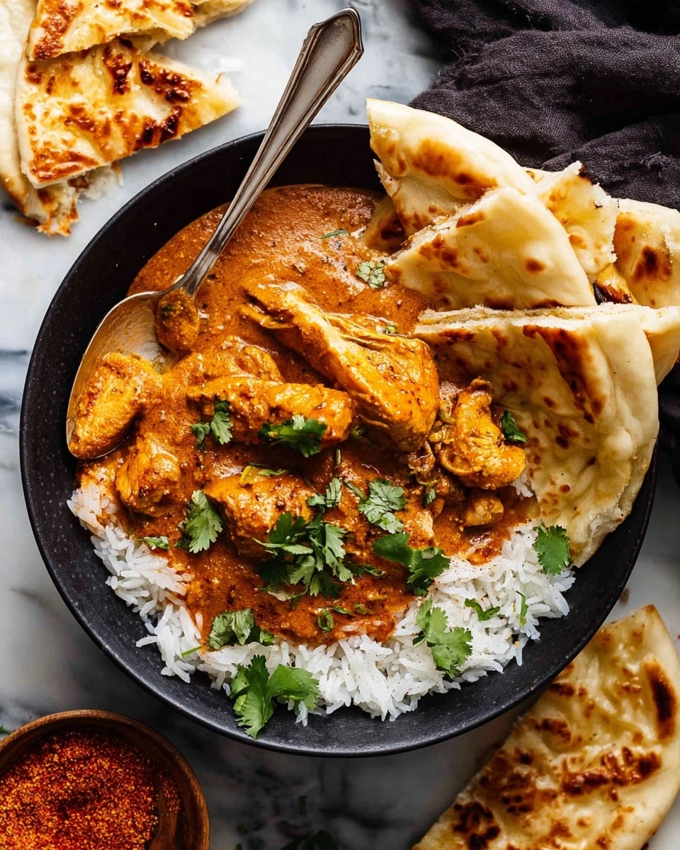 A black bowl filled with a base layer of white rice, topped with pieces of chicken covered in thick, orange-brown curry sauce, scattered with fresh green cilantro leaves. On the side inside the bowl, there are folded, golden-brown naan breads resting against the curry. A silver spoon is placed in the bowl, partially dipped in the curry. Surrounding the bowl are more pieces of naan bread, some torn, on a white marbled surface. Nearby, there is a small dish with red-orange spice powder. photo taken with an iphone --ar 4:5 --v 7