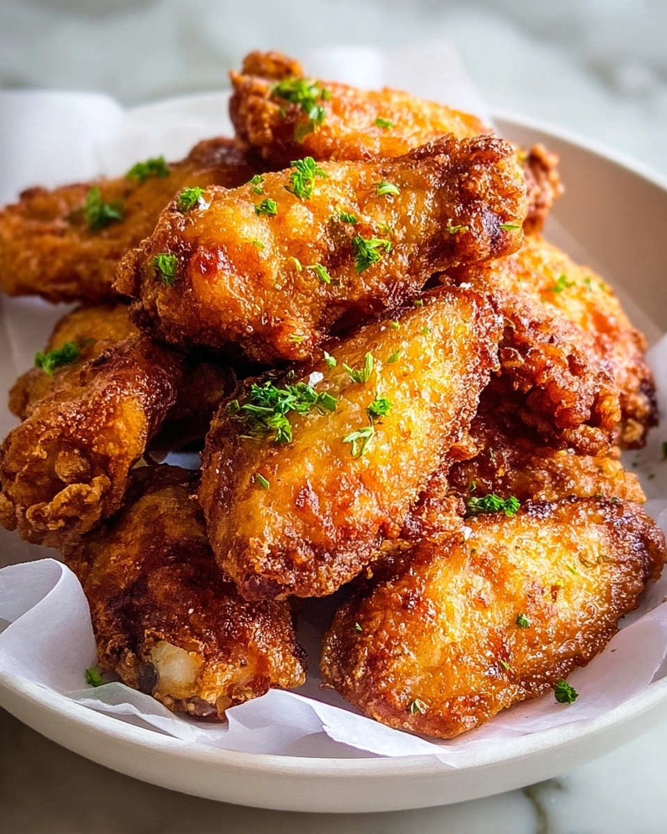 A close-up image shows a white bowl filled with seven pieces of golden-brown fried chicken wings. Each wing has a crispy, crackling texture with a shiny, slightly oily surface that highlights its fried coating. The wings are layered closely together in the bowl, and the background is a white marbled texture. The lighting brings out the warm tones of the crispy skin, making the chicken look juicy and tender inside. photo taken with an iphone --ar 4:5 --v 7