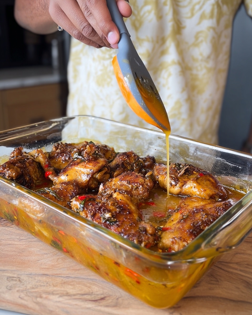 A clear glass baking dish contains several layers of cooked chicken pieces with crispy, browned skin and a juicy texture, resting in a golden-orange sauce with visible hints of red and green herbs or peppers underneath. The chicken pieces are arranged closely, filling the dish, which sits on a wooden surface overlaid by a white marbled texture. A person's hand is squeezing an orange liquid using a gray silicone utensil over the dish, adding a glossy shine to the chicken. The focus is slightly on the dish and the sauce being poured, with the background softly blurred. photo taken with an iphone --ar 4:5 --v 7