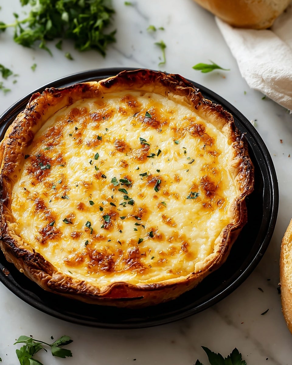 A round cheese pie sits in a black pan on a white marbled surface. The pie has about three visible layers: the outermost layer is a crispy, golden-brown flaky crust that curls slightly at the edges; the middle layer is soft and slightly browned cheese, melted smoothly over the surface; the top layer is a bubbly, lightly browned cheese topping with small browned spots. Fresh green herbs are sprinkled evenly on top, adding a touch of color contrast. In the background, there are a few scattered green herb leaves and a white cloth with a loaf of bread peeking from the upper right corner. Photo taken with an iphone --ar 4:5 --v 7