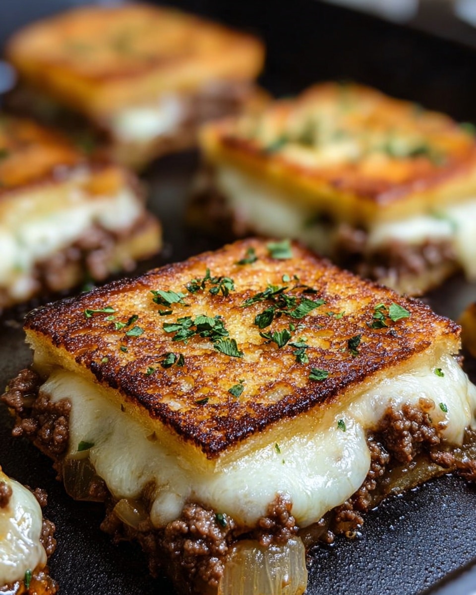 The image shows a close-up view of a toasted sandwich cut into squares, with three pieces visible. Each sandwich square has three visible layers: the top layer is golden brown toasted bread with bits of green herbs on it, the middle layer is melted white cheese oozing out along the edges, and below it is a layer of cooked ground meat mixed with soft cooked onions. The sandwich pieces rest on a hot black pan, which contrasts with the rich colors of the sandwich. The background is softly blurred with more sandwich squares visible, all on the same black pan surface. photo taken with an iphone --ar 4:5 --v 7