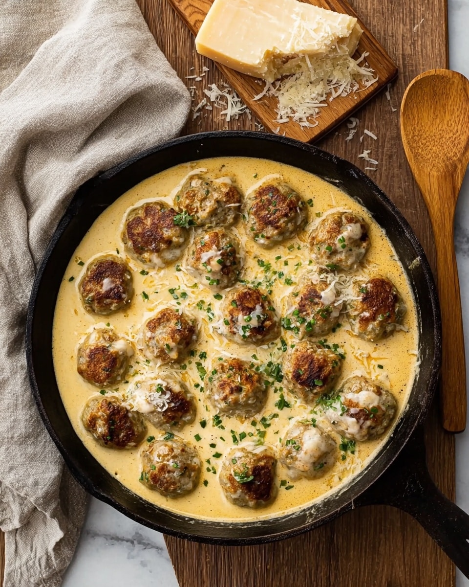 The image shows a black cast-iron pan filled with creamy beige-yellow sauce topped with about fifteen browned meatballs, scattered throughout the pan, with small green herb bits sprinkled on top. The pan sits on a wooden surface next to a wooden cutting board holding a wedge of hard cheese with some shavings around it. A light gray cloth is partially visible on the top left corner. There is a wooden spoon on the right side, resting on the wooden surface. The whole scene is set on a white marbled texture. Photo taken with an iphone --ar 4:5 --v 7