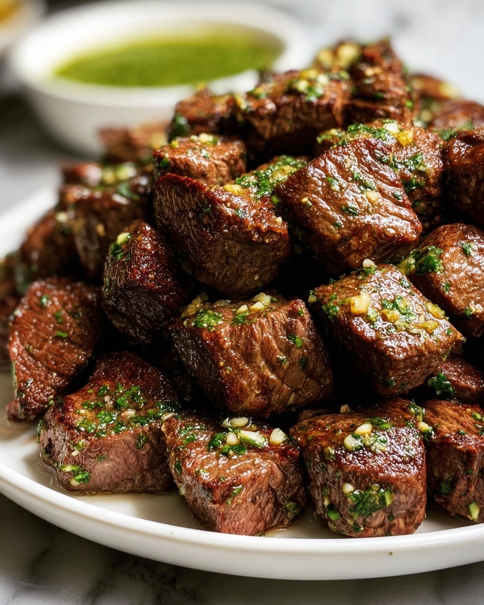A white plate filled with many pieces of cooked beef cubes, each piece brown with a slight char on the edges, mixed with bits of chopped green herbs and small pieces of garlic spread evenly on top, giving a shiny, juicy look; the beef chunks have a textured surface from searing, and in the background, a blurred small white bowl with green sauce sits on a white marbled surface. photo taken with an iphone --ar 4:5 --v 7