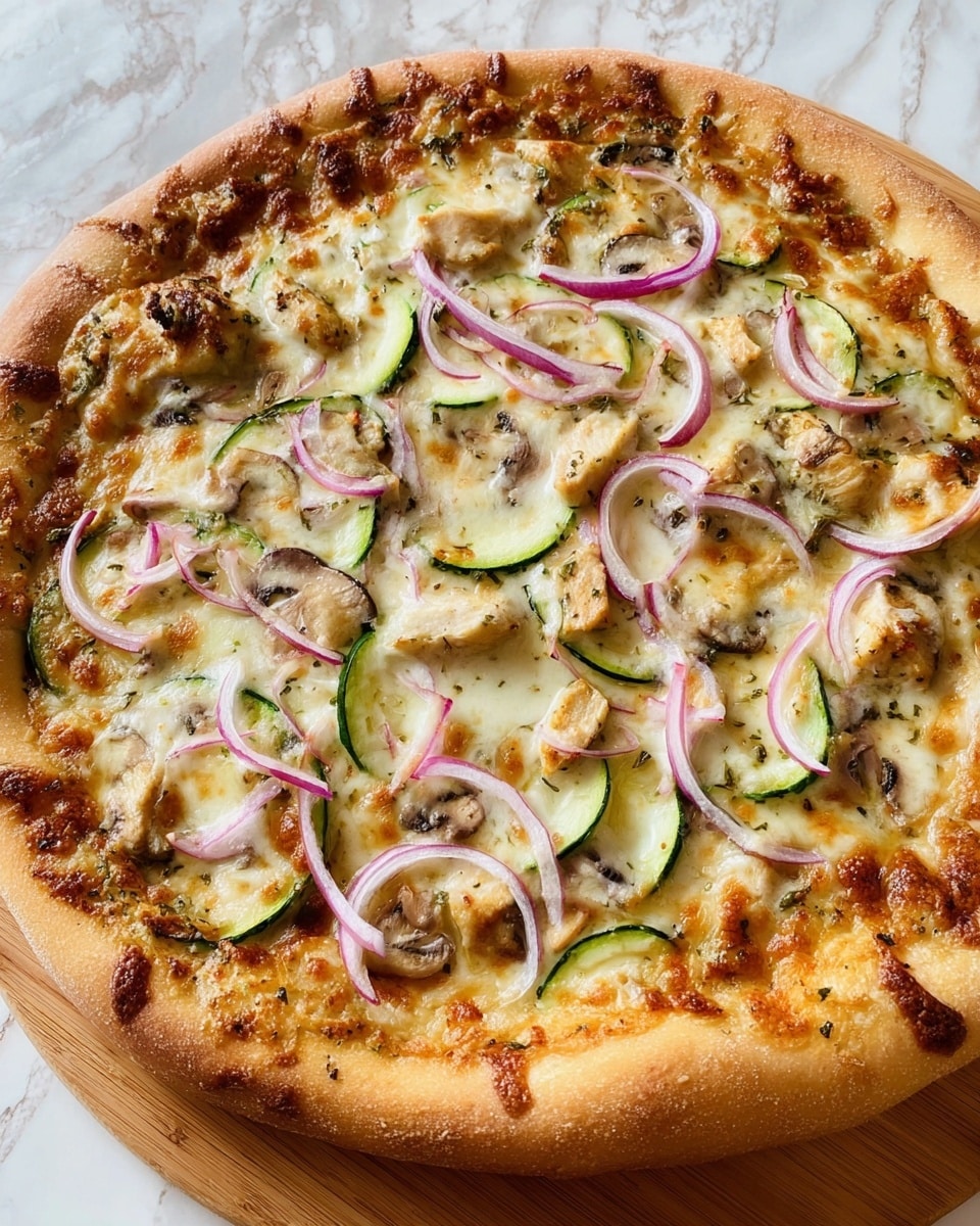 A close-up of a cooked pizza with a thick light golden crust that is slightly puffy and textured around the edges. The base layer is melted white cheese spread evenly with golden brown spots from baking. On top of the cheese are thin slices of purple-red onion arranged in loose circles, small diced green zucchini pieces, and thinly sliced brown mushrooms scattered evenly. The overall texture looks creamy and gooey with a mix of soft and slightly crispy bits, resting on a wooden board placed on a white marbled surface. photo taken with an iphone --ar 4:5 --v 7