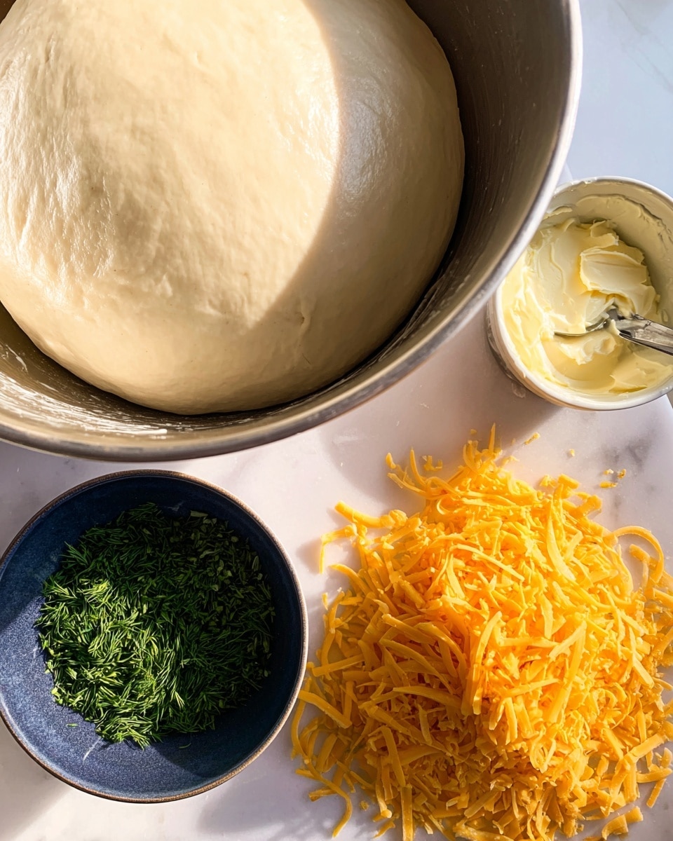 A close-up image shows a large silver mixing bowl containing smooth, light beige dough with a shiny surface, positioned at the upper left; below and to the right, there is a pile of shredded orange cheddar cheese on a white marbled surface. To the top right, a small silver bowl holds creamy, pale yellow butter with a spoon inside, and below it, a smaller dark blue bowl contains finely chopped green herbs, including dill and parsley. All the items are placed closely together on a white marbled surface, with natural light highlighting the textures and colors. Photo taken with an iphone --ar 4:5 --v 7