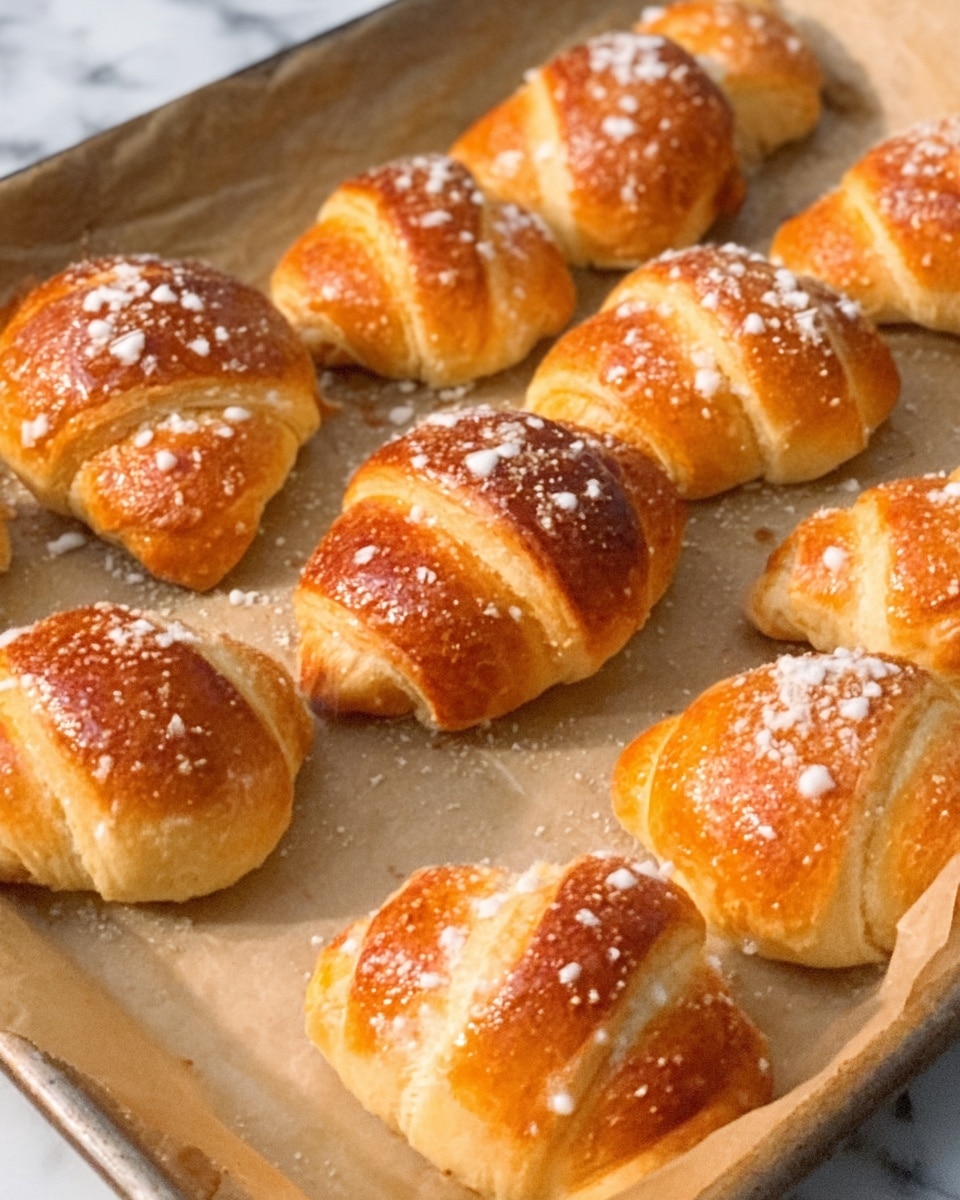 The image shows a baking tray lined with parchment paper on a white marbled surface, filled with golden brown crescent rolls. Each roll has a shiny, smooth top layer with a slightly darker, toasted edge, and they are sprinkled with a white crumbly topping that looks like cheese or breadcrumbs. The rolls vary in shape, some crescent-shaped and others more rounded, with a soft, flaky texture visible on the sides. The warm tones of the rolls contrast softly against the pale parchment and white marbled background. photo taken with an iphone --ar 4:5 --v 7