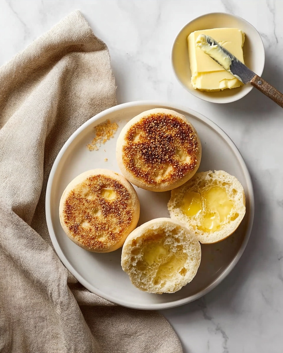 A white plate on a white marbled surface holds four English muffins, two whole and two split open, all with a golden brown toasted top sprinkled with cornmeal. The two opened muffins show a soft, porous texture with melted butter spread unevenly across the surface, giving a glossy light yellow appearance. Next to the plate, a small white bowl contains pale yellow softened butter with a small butter knife resting on the edge, its blade smeared with butter. A beige cloth napkin is casually placed to the left side on the white marbled surface. photo taken with an iphone --ar 4:5 --v 7