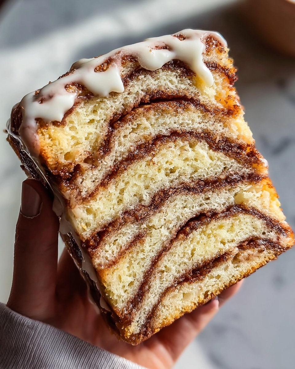 A close-up of a thick square cinnamon swirl cake held by a woman's hand wearing a light gray sleeve, showing multiple light yellow cake layers separated by dark brown cinnamon layers swirling throughout. The top is drizzled with glossy white icing that flows down the sides in uneven trails. The texture of the cake looks soft and moist, while the cinnamon layers appear finely ground with a slightly grainy look. The background features a white marbled texture with soft shadows. photo taken with an iphone --ar 4:5 --v 7