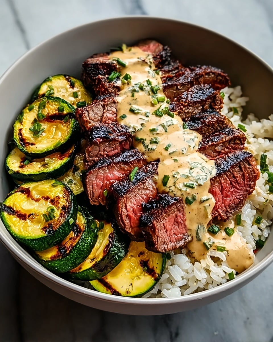 Grilled Steak Bowl with Herb Sauce and Grilled Zucchini Recipe