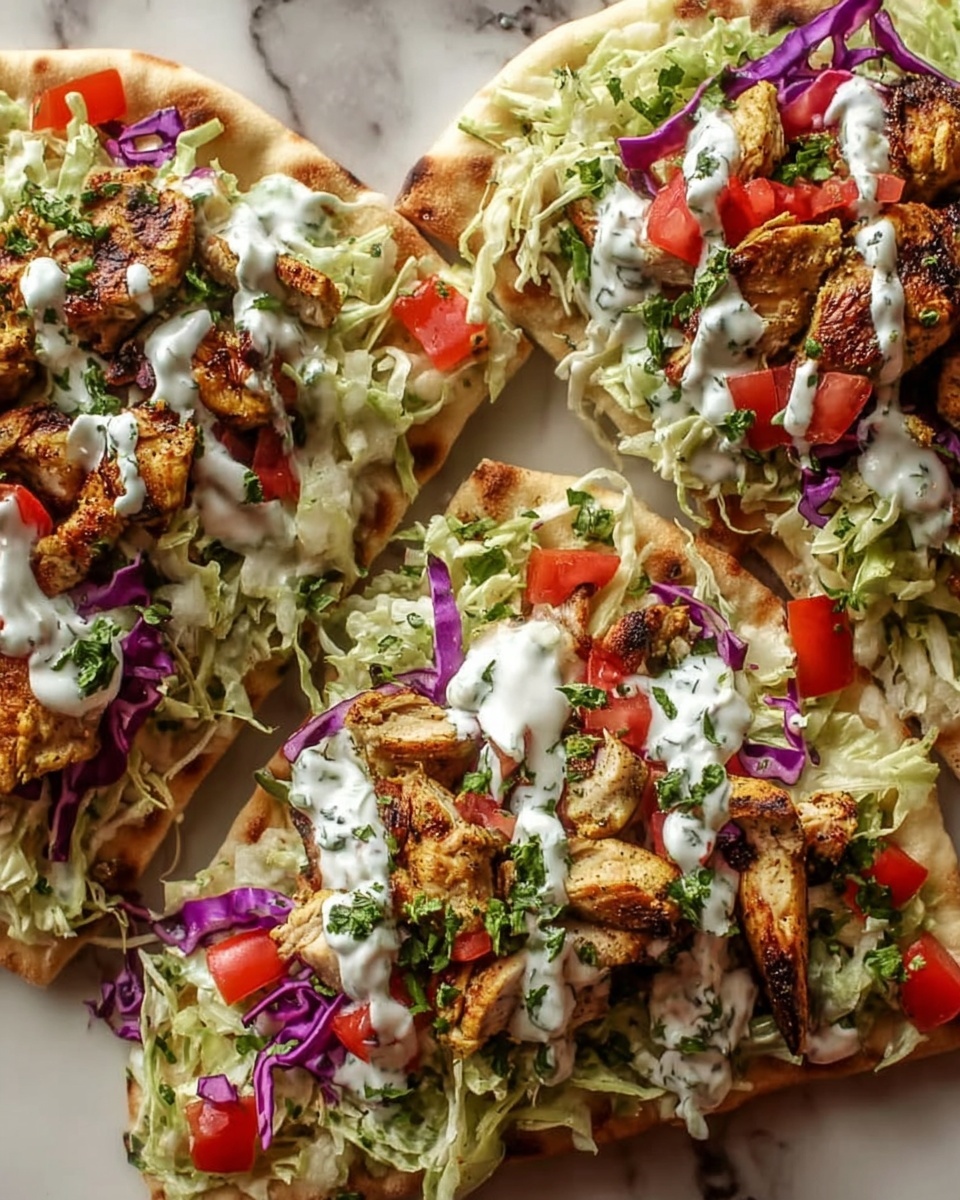 The image shows three flatbreads topped with layers of food resting on a white marbled surface. Each flatbread has a base layer of soft, pale brown bread with some char marks. On top of the bread is a rough, crisp layer of shredded pale green cabbage mixed with finely sliced purple cabbage. Added are pieces of grilled chicken, with a lightly charred, golden-brown color and visible grill marks. Small chunks of bright red tomato and thin slices of cucumber are spread across the meat and cabbage. The dish is finished with a drizzle of creamy white sauce, speckled with small green herbs, and sprinkled with fresh green dill leaves. The photo was taken with an iphone --ar 4:5 --v 7