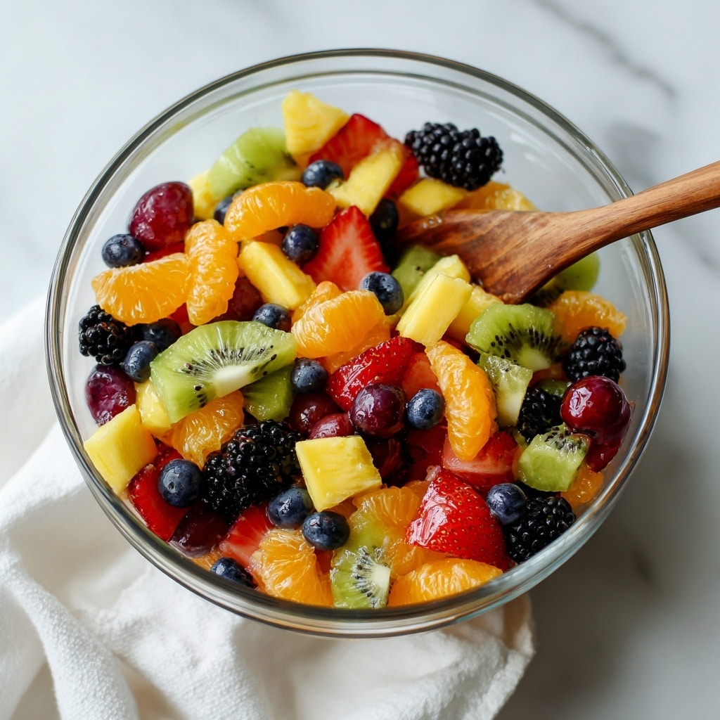 A clear round glass bowl filled with a colorful mix of fruit layers: chunks of bright yellow pineapple, halved red strawberries, shiny red grapes, orange segments, dark blackberries, small blueberries, and small pieces of green kiwi scattered throughout. A smooth wooden spoon rests inside the bowl, partially mixing the fruit. The bowl sits on a soft light blue and white cloth on a white marbled surface. photo taken with an iphone --ar 4:5 --v 7