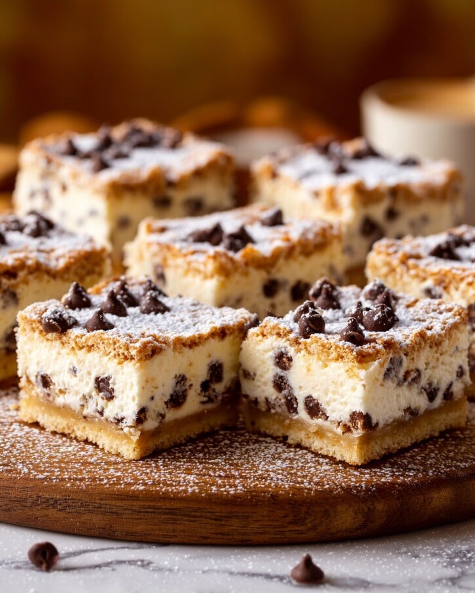 The image shows several square dessert bars arranged closely on a wooden board over a white marbled surface. Each bar has three layers: a bottom layer of golden brown crumbly crust, a thick middle layer of creamy white filling with small dark chocolate chips scattered evenly throughout, and a thin top layer that is lightly toasted with a dusting of powdered sugar and a few chocolate chips sprinkled on top. The bars look soft and rich, with the contrast between the creamy filling and crumbly crust visible at the edges. The background is softly blurred with warm tones, enhancing the dessert's inviting look. Photo taken with an iphone --ar 4:5 --v 7