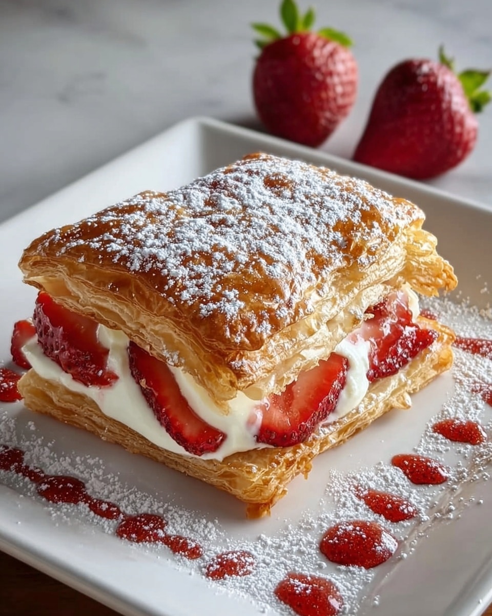 The image shows a square, golden-brown puff pastry with a fluffy, layered texture on a white square plate. The pastry is filled with a smooth, white cream and has slices of bright red strawberries visible along the sides and some on top. The top of the pastry is dusted with powdered sugar, adding a light, snowy look. Around the pastry on the plate, there are small piles of powdered sugar and a drizzle of strawberry sauce creating curved lines. In the background, three whole strawberries with green tops rest on the white marbled surface. Photo taken with an iphone --ar 4:5 --v 7