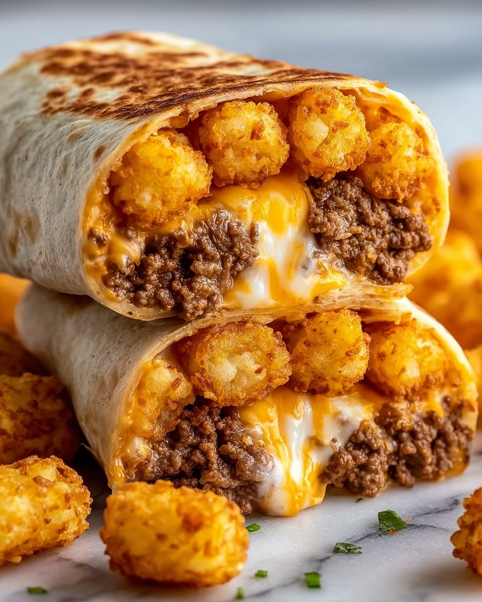 A grilled burrito cut in half stacked on each other with a white toasted tortilla showing three main filling layers: the top layer has golden brown tater tots, the middle layer is melted bright yellow and white cheese stretching and oozing, and the bottom layer consists of cooked ground beef with a rich brown color and crumbly texture; scattered crispy tater tots surround the burrito on a white marbled surface. photo taken with an iphone --ar 4:5 --v 7