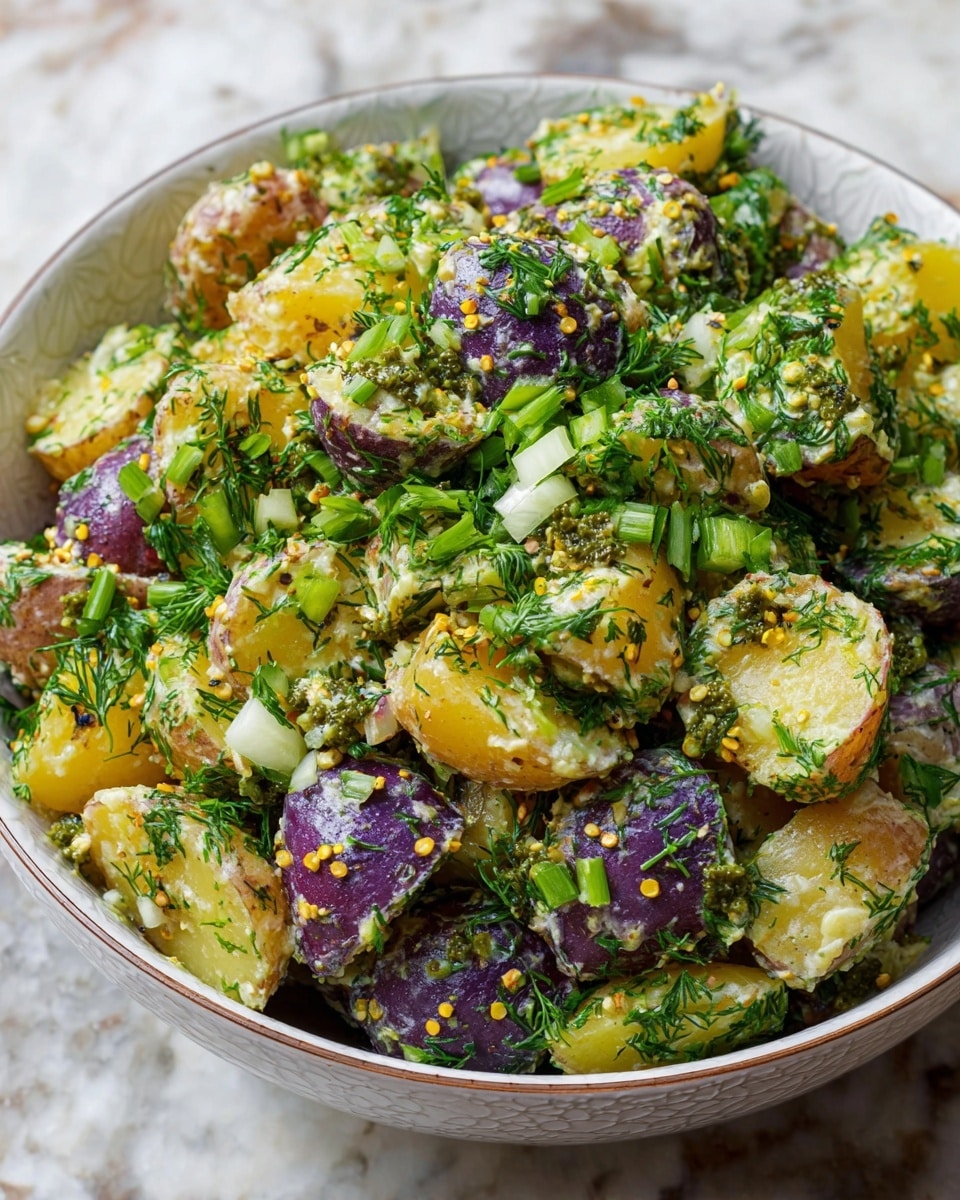 A close-up of a bowl filled with a mixed potato salad with three main layers visible: the first layer contains chunks of red, purple, and yellow potato pieces with a slightly glossy texture; the second layer consists of chopped green herbs and sliced green onions scattered throughout the potatoes; the third layer has small pickles and a few visible mustard seeds spread evenly, adding specks of dark red. The bowl is white with a patterned rim and sits on a white marbled surface with fresh green herbs and spring onions placed around it. photo taken with an iphone --ar 4:5 --v 7