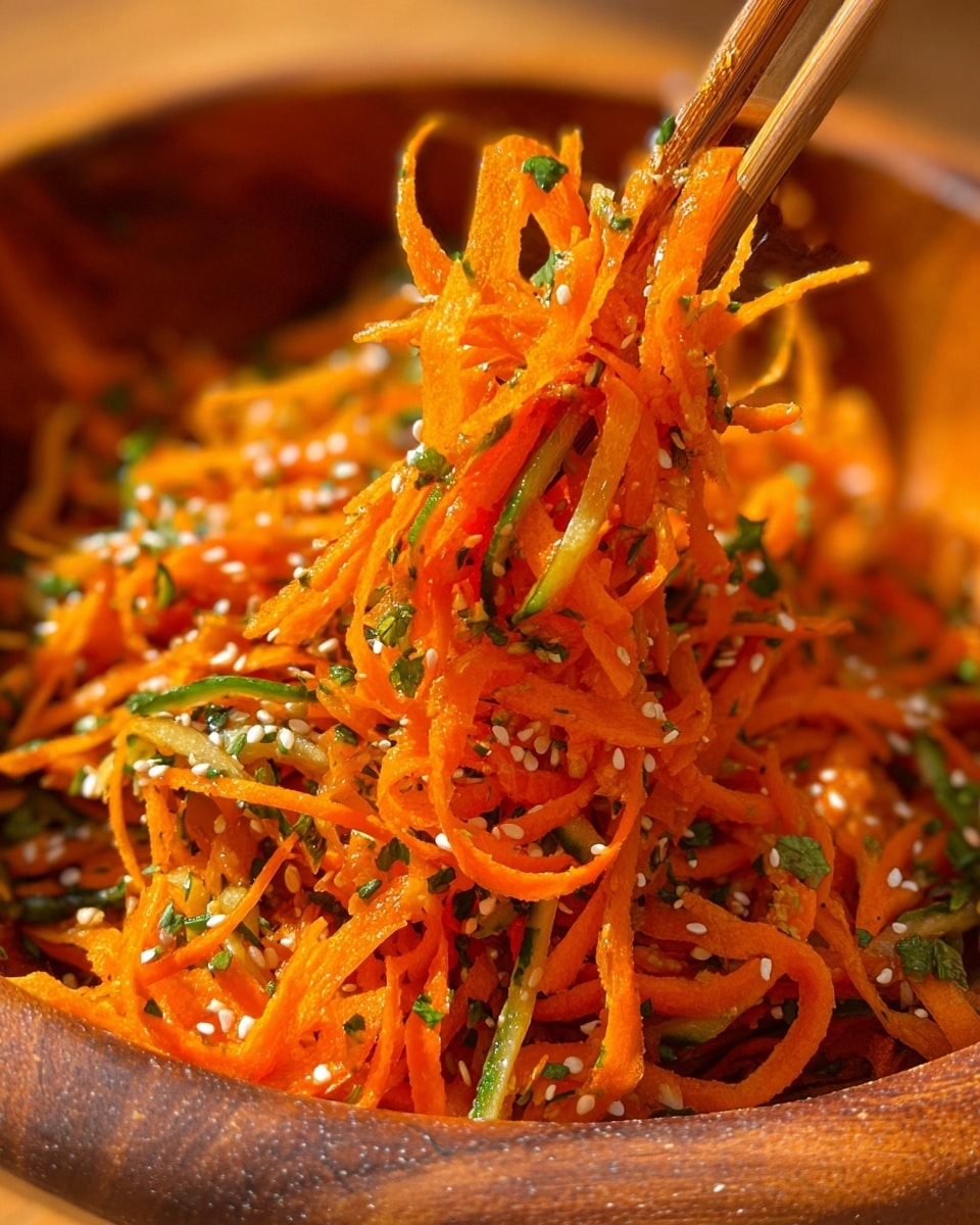 A wooden bowl filled with a shredded carrot salad mixed with thin green herb slices, sprinkled with white and black sesame seeds. The carrot strips are bright orange, crunchy and slightly shiny, scattered unevenly in the bowl. There are small green herb pieces mixed in closely with the carrots, adding a fresh contrast. A pair of wooden chopsticks rests inside the bowl, angled diagonally across the salad. The bowl sits on a white marbled texture surface bathed in warm sunlight. photo taken with an iphone --ar 4:5 --v 7