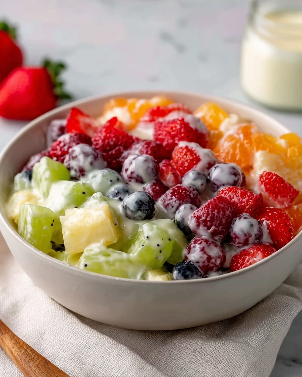 A white bowl filled with three layers of fresh, colorful fruit pieces covered with a creamy white yogurt dressing. The bottom layer includes chunks of pale yellow pineapple and green grapes with a smooth surface. The middle layer shows bright orange mandarin segments and large red strawberry pieces with visible seeds. The top layer is a mix of red raspberries and small dark blueberries, lightly coated with creamy yogurt giving a shiny texture. Beside the bowl, there are two whole red strawberries and a small jar of pale yellow dressing on a white marbled surface. A bronze spoon rests nearby and a beige fabric is partially under the bowl. Photo taken with an iphone --ar 4:5 --v 7