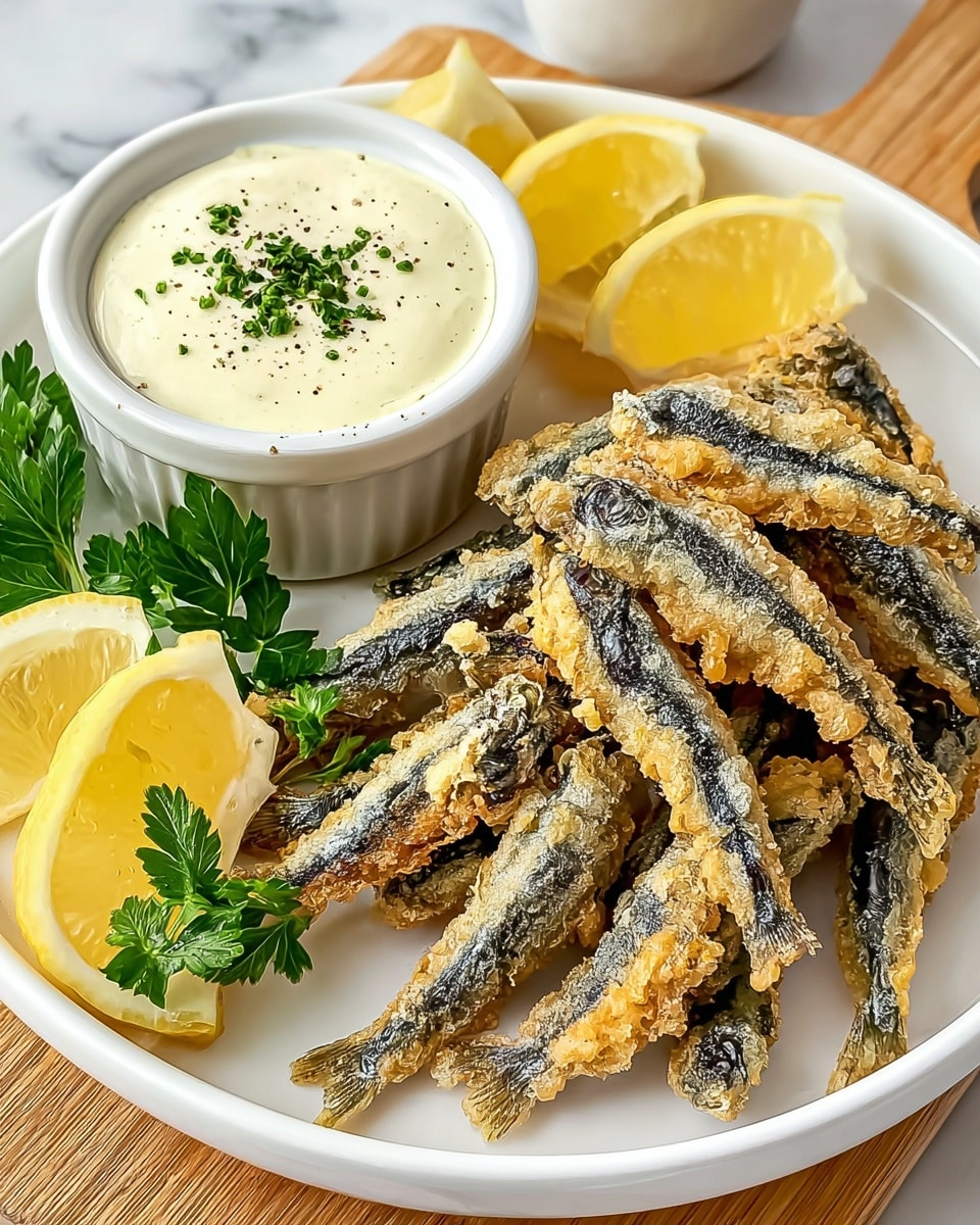 A white oval plate holds a pile of small fried fish, each one golden brown with a crispy, slightly rough texture and visible fish eyes. The fish are arranged in a loose stack with some fresh green parsley leaves tucked between them, adding a touch of color contrast. On the right side of the plate is a small white round bowl filled with thick, creamy white sauce that has small green herb pieces mixed in and sprinkled on top. Next to the bowl is a bright yellow lemon wedge, providing a fresh, vibrant accent. The plate rests on a white marbled surface that softly reflects the light. Photo taken with an iphone --ar 4:5 --v 7