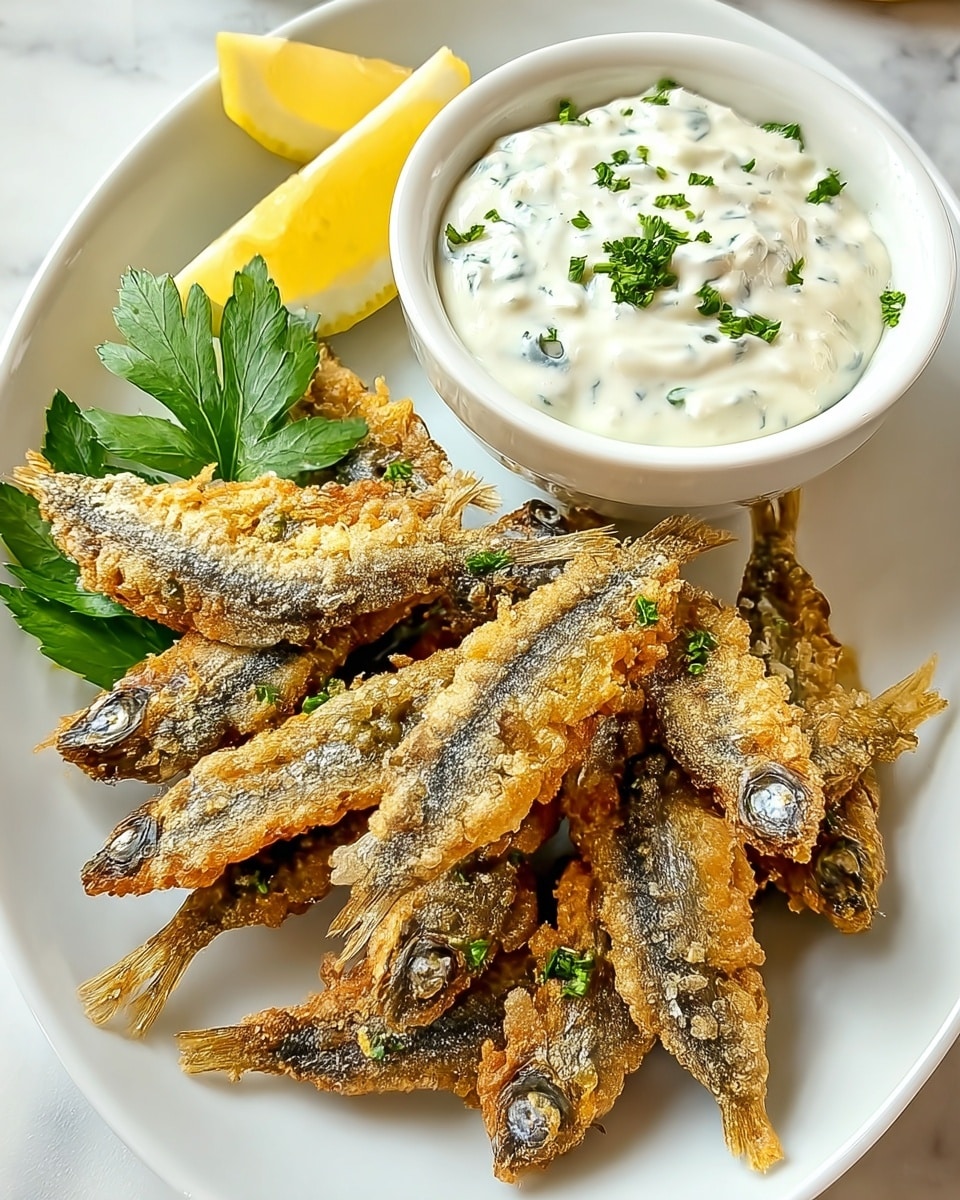 A white plate holds a pile of crispy fried small fish coated in a golden-brown batter, with their dark skin visible beneath the light crust. The fish are arranged in a loose stack on the right side of the plate. On the left, three thick lemon wedges with bright yellow skin and juicy interiors rest alongside sprigs of fresh, deep green parsley. Near the top left of the plate, a small white bowl filled with creamy, pale yellow dipping sauce topped with small green parsley leaves and a sprinkle of black pepper completes the dish. The background is a white marbled surface with a wooden board partially visible under the plate. Photo taken with an iphone --ar 4:5 --v 7
