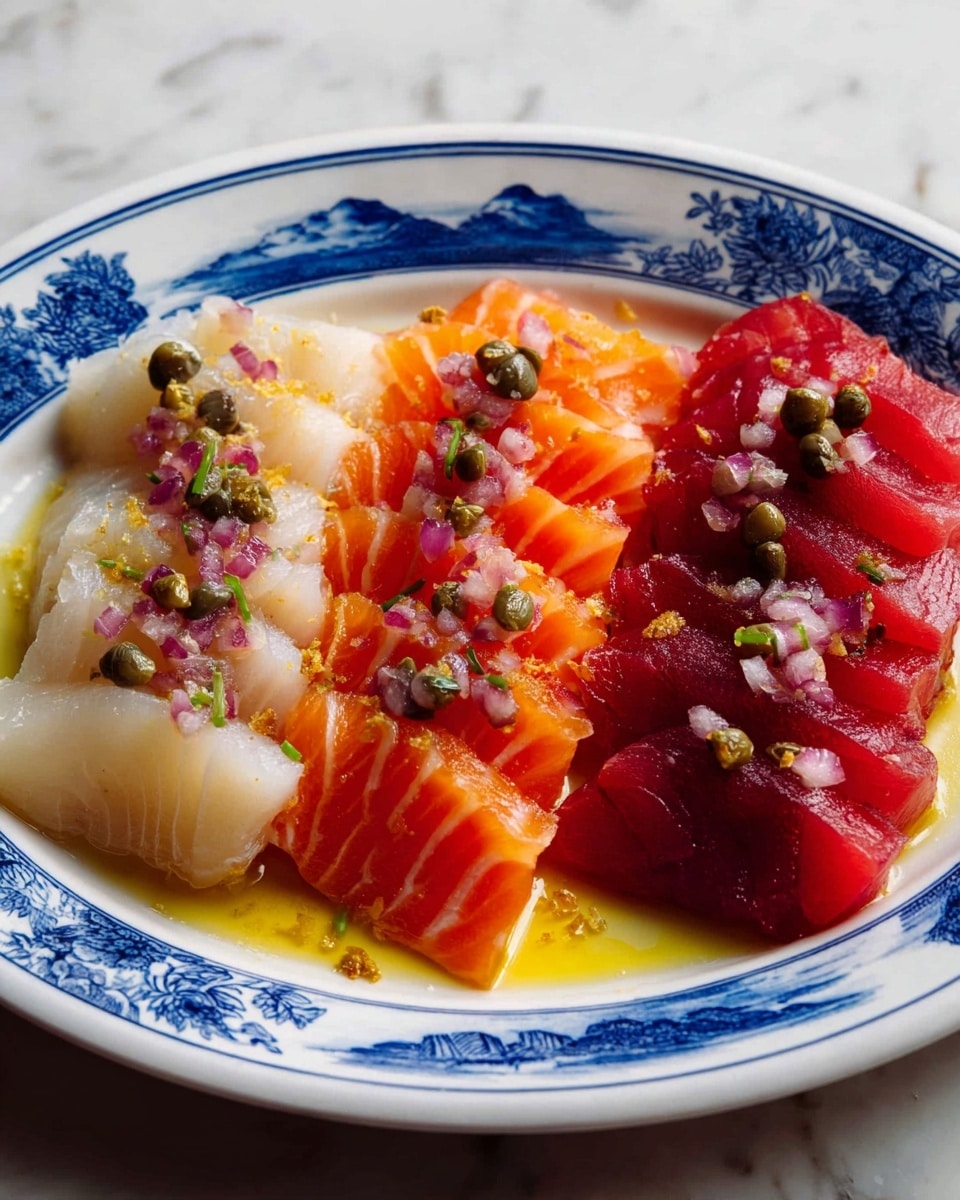 The dish shows three rows of sliced raw fish arranged on a white plate with a blue scenic pattern around the edge. The left row features off-white slices of fish with a smooth, slightly glistening texture. The middle row contains bright orange slices with visible lines showing the fish's texture. The right row has deep red slices, denser and smooth. All slices are topped with small chopped purple onions, small green capers, and a drizzle of yellow oil. The plate is set on a white marbled surface. photo taken with an iphone --ar 4:5 --v 7