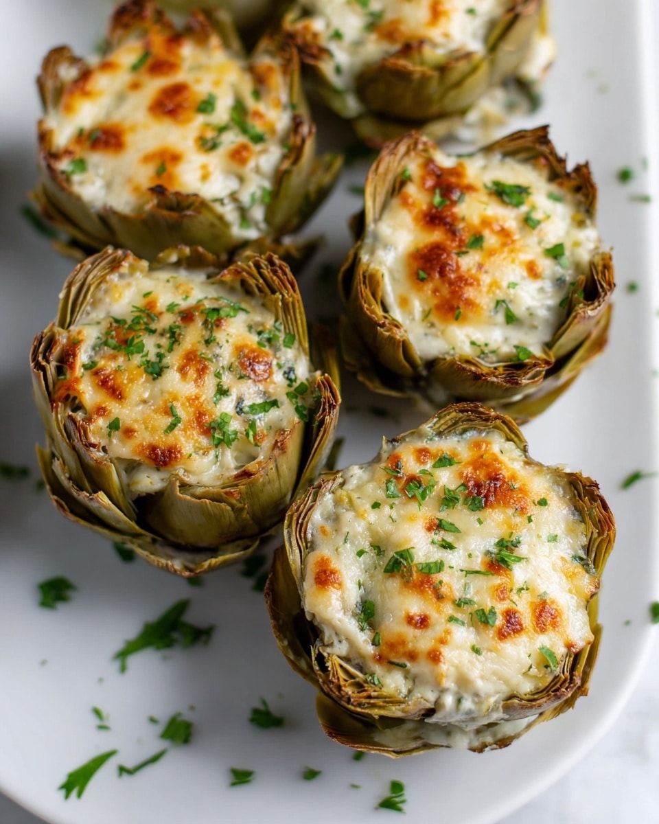 The image shows several stuffed artichokes arranged on a white plate placed on a white marbled texture. Each artichoke has three visible layers: the outer layer with greenish-brown leaves slightly curled outward, the middle layer showing a creamy white filling mixed with bits of green herbs, and the top layer covered with a golden-brown melted cheese that has small browned spots and is sprinkled with chopped green parsley. The artichokes are spaced apart and scattered with extra parsley pieces on the plate and surface. photo taken with an iphone --ar 4:5 --v 7