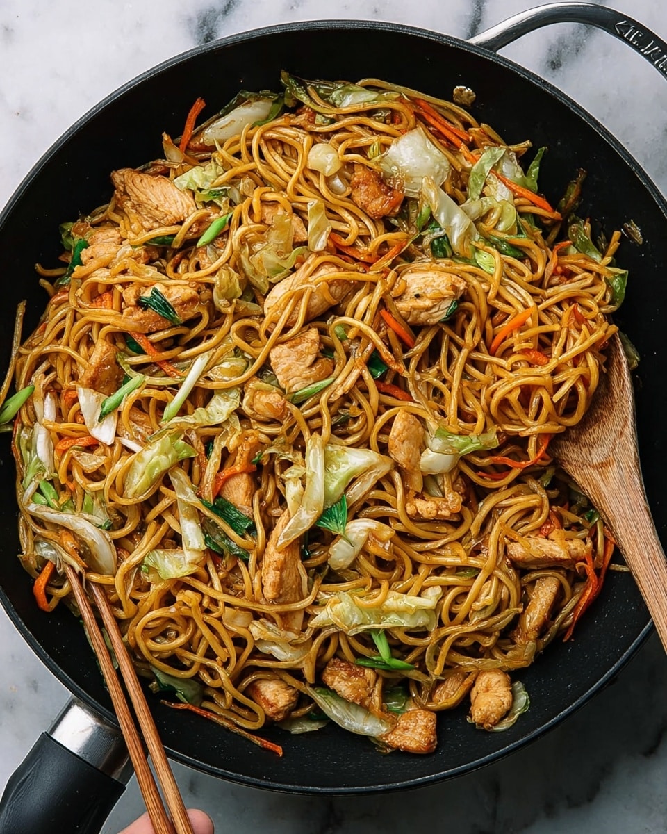 The image shows a black wok pan filled with a stir-fried noodle dish. The bottom layer is made of thin, golden-brown noodles, mixed with a layer of light to medium brown cooked chicken strips scattered throughout. There are thin slices of bright orange carrot and long green vegetable strips, likely green beans or scallions, adding vibrant color. Light, slightly translucent pieces of cooked cabbage are interspersed on top, adding texture. A pair of light wooden chopsticks rest on the edge of the wok, partially inside the noodles. The wok is placed on a white marbled surface with a blue-gray cloth near the handle, a small wooden bowl of white salt to the top, and a white porcelain container with blue floral patterns to the side. Photo taken with an iphone --ar 4:5 --v 7