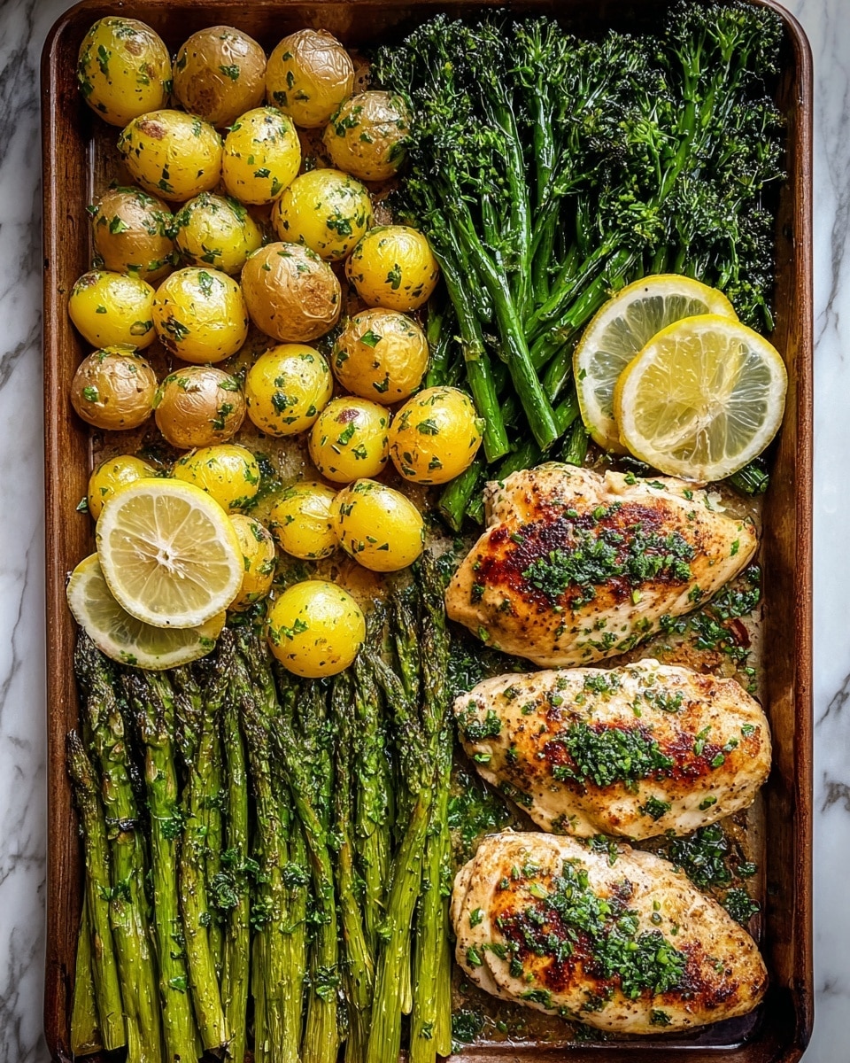 A large pan holds a meal divided into four parts: the top left has three golden brown chicken breasts with a crispy, slightly charred skin sprinkled with herbs and pepper; to the right, a bunch of shiny, roasted green asparagus lined up vertically with a grilled lemon slice on top; bottom left contains bright green roasted broccoli mixed with lemon slices and herbs; bottom right shows a pile of roasted small golden-brown potatoes, some halved to show their soft inside, all sprinkled with herbs. The pan rests on a white marbled surface. photo taken with an iphone --ar 4:5 --v 7