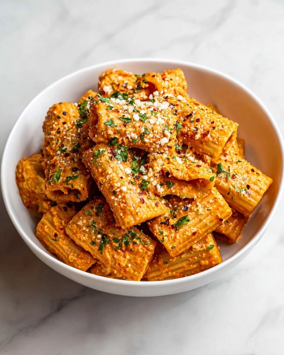 A white bowl filled with rigatoni pasta coated in a creamy, orange-red sauce with visible specks of black pepper and red chili flakes. Each pasta piece is thick and textured with ridges, coated evenly with the slightly chunky sauce that has bits of herbs and grated cheese sprinkled on top. Green flecks of parsley are scattered throughout, adding a fresh touch of color against the warm tones of the pasta. The bowl sits on a white marbled surface, with soft lighting highlighting the creamy and textured layers of the dish. photo taken with an iphone --ar 4:5 --v 7