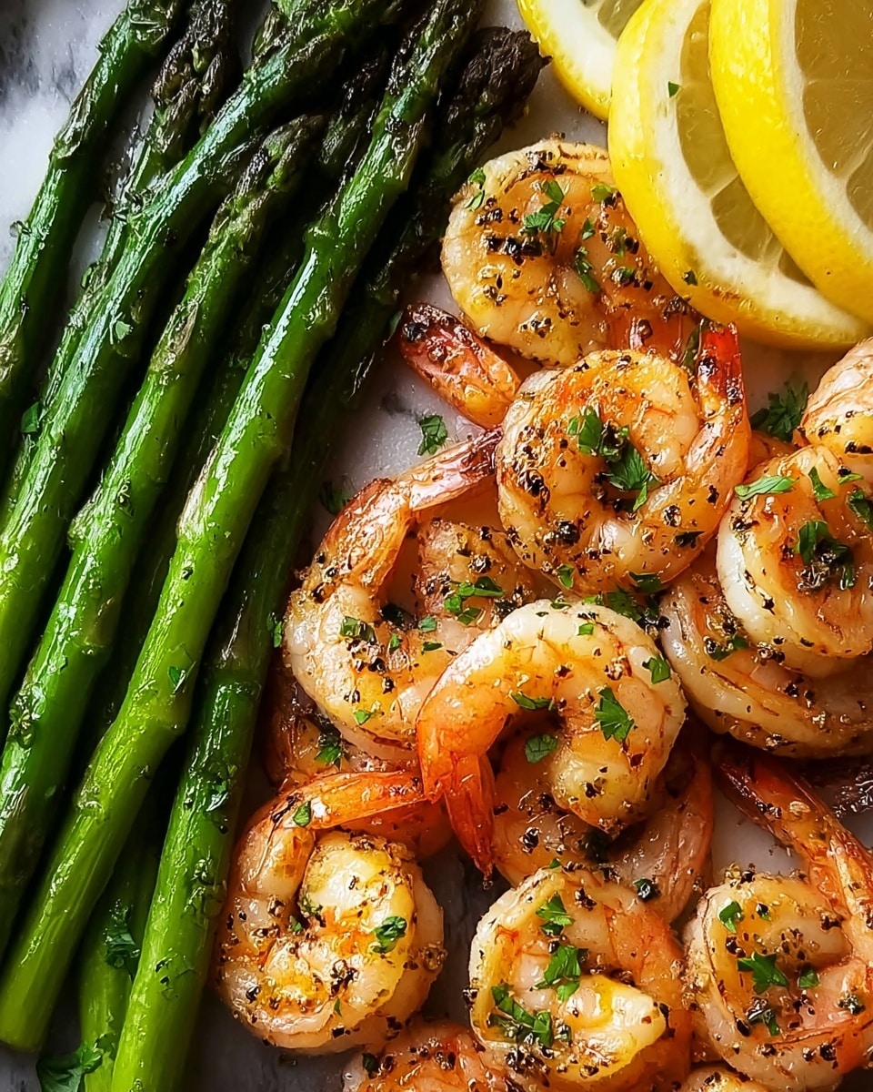 The image shows a dish in a black pan filled with two main layers; the bottom layer is made of bright green asparagus spears laid out flat, and the top layer has many plump, grilled shrimp that are orange-pink with char marks and sprinkled with green herbs. Two lemon slices sit on the top right corner of the pan, adding a fresh touch. The background is a white marbled surface. Photo taken with an iphone --ar 4:5 --v 7