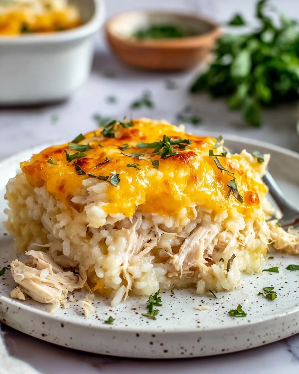 A close-up of a layered dish on a white plate with a pale speckled center and a light brown rim, set on a white marbled surface. The bottom layer is creamy white rice, soft and dense. Above it, chunks of white shredded chicken are mixed in. The top layer is melted golden-yellow cheese with browned spots from baking, sprinkled with small pieces of green herbs. Some green herb leaves are scattered around the plate edges. The dish looks warm and cheesy. photo taken with an iphone --ar 4:5 --v 7