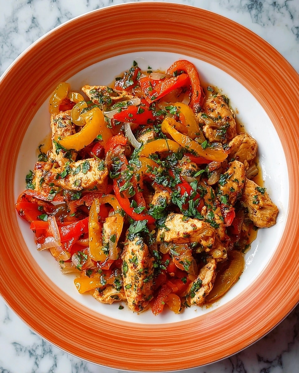 The dish shows a mix of several layers all cooked together in a pan. The base layer consists of translucent, soft cooked onions. On top of that are bright red, yellow, and green bell pepper strips, slightly glossy and tender. Scattered throughout are browned, grilled chicken strips with a slightly charred, textured surface. Dark purple olives are mixed in between, adding depth. The whole dish is sprinkled generously with fresh, chopped green herbs. The colors are vibrant with shiny and moist textures visible on all ingredients. The background surface is a white marbled texture. photo taken with an iphone --ar 4:5 --v 7