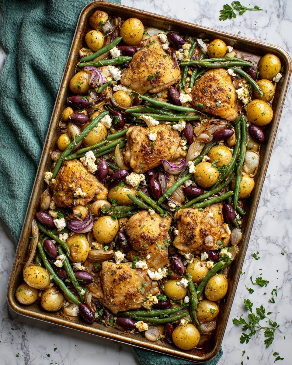 A white baking tray filled with a single-layer mix of golden brown roasted chicken thighs, seasoned and browned on top, surrounded by halved yellow baby potatoes with a crispy skin, green beans that are slightly wrinkled and roasted, and sliced purple onions that have softened, all scattered with small crumbles of white feta cheese and dark black olives. The tray sits on a white marbled surface with a green knit cloth partially visible on the left side. Fresh green parsley is sprinkled lightly over the entire dish for color contrast. photo taken with an iphone --ar 4:5 --v 7