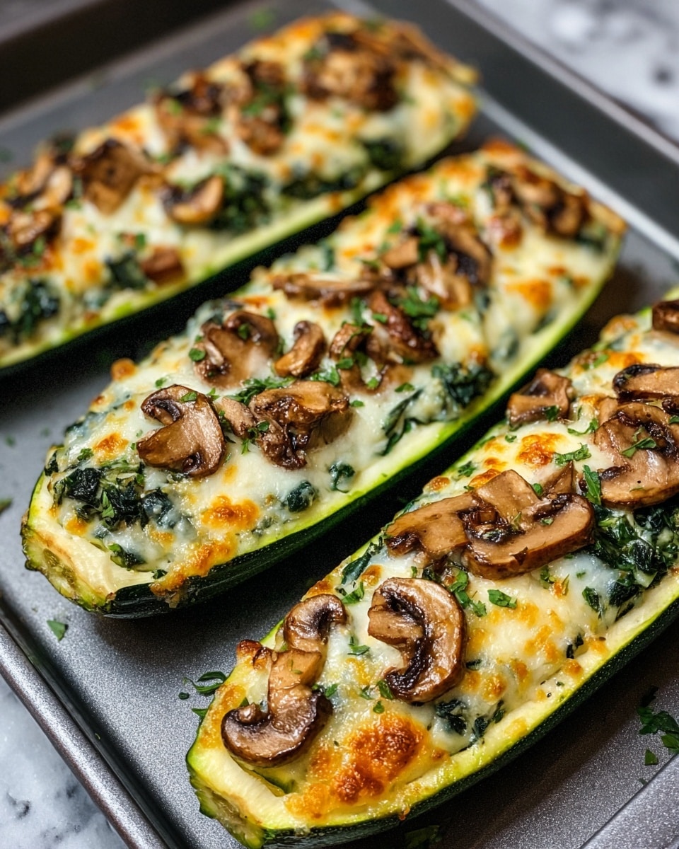 Three zucchini boats lie side by side on a baking tray, each boat made from a hollowed-out green zucchini with a glossy, ribbed texture visible on the outside edges. Inside, the filling layers show a mix of dark green spinach, tender brown mushroom slices scattered generously, and a top layer of melted cheese that is golden and slightly browned in some spots, giving a bubbly and creamy look. Small flecks of chopped green herbs are sprinkled on top, adding a fresh touch. The tray rests on a white marbled texture surface. photo taken with an iphone --ar 4:5 --v 7